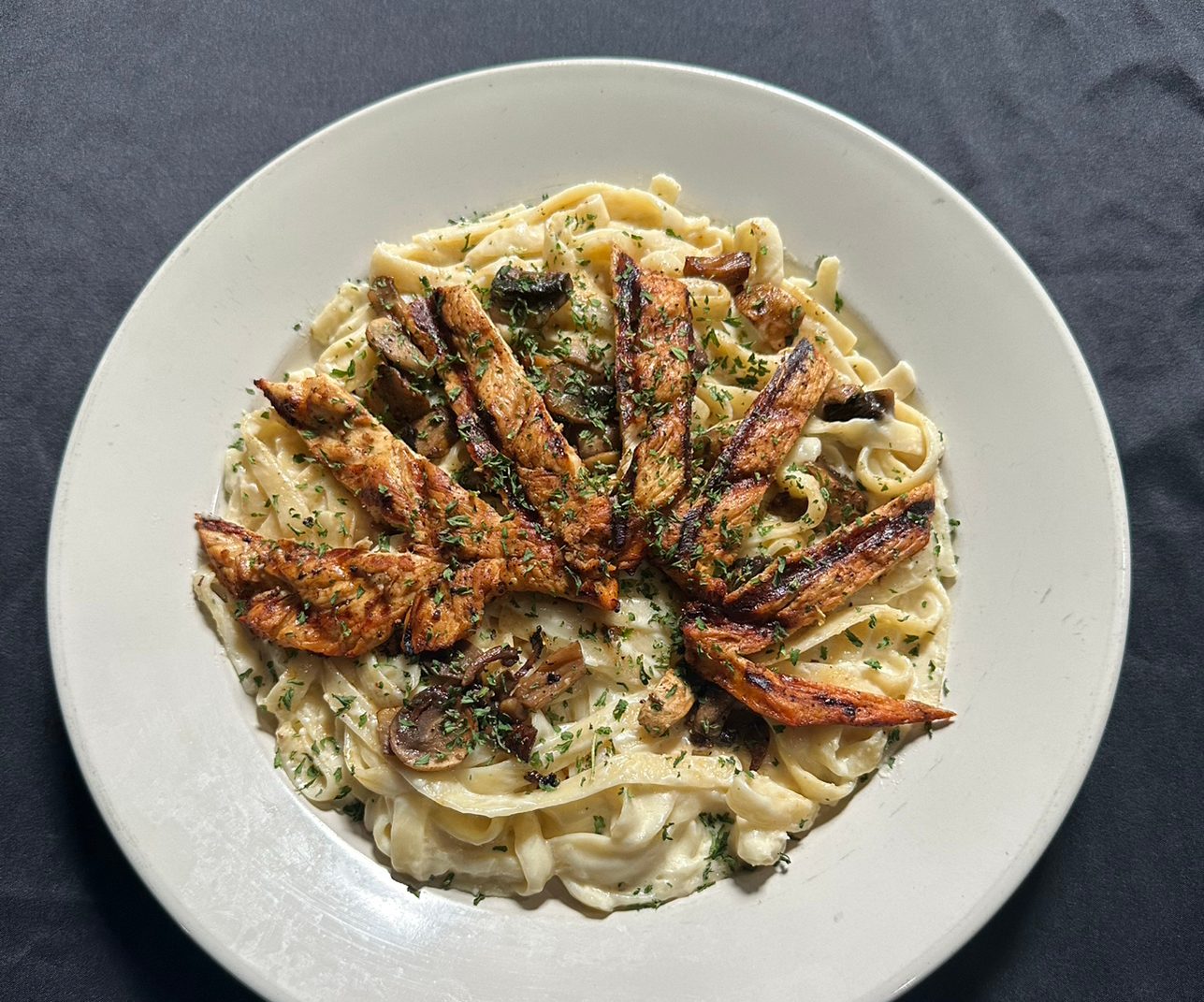 Chicken and mushroom alfredo.